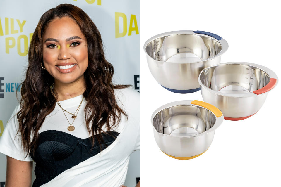 <p>A rubberized base prevents sliding, and the deep-set shape keeps splashes in the container and not all over the counter. Plus, the silicone grips make holding the bowls a no-slip cinch. <em>Ayesha Curry</em> S<i>tainless Steel 3-Piece Mixing Bowls, $50, <a href="https://www.potsandpans.com/pages/ayesha-ha-landing-page" rel="nofollow noopener" target="_blank" data-ylk="slk:potsandpans.com;elm:context_link;itc:0;sec:content-canvas" class="link ">potsandpans.com</a></i></p>