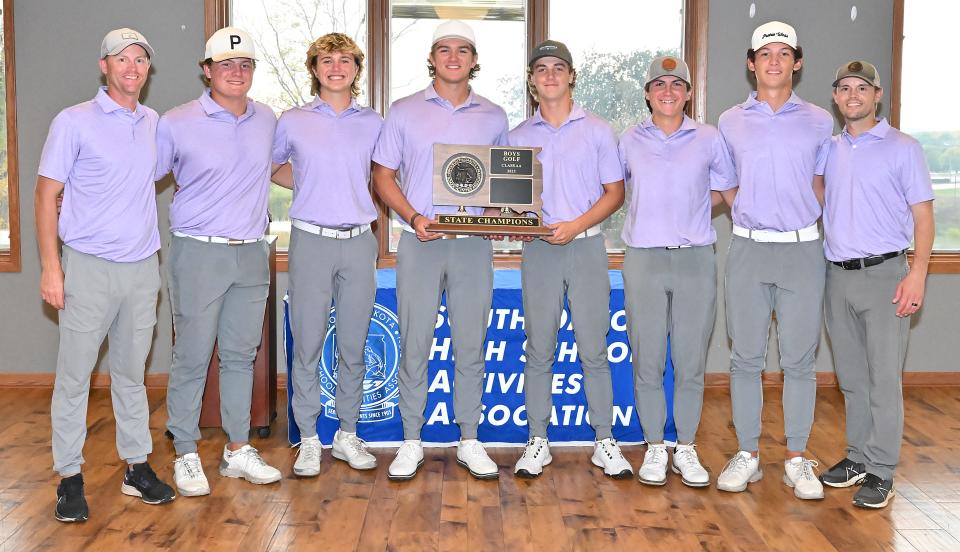 Watertown High School's boys golf team ended a 52-year drought by winning the state Class AA boys golf championship on Tuesday, Oct. 3, 2023 at the Brandon Golf Course. The Arrows shot 578 over two days and won by five shots. Team members include, from left, assistant coach Ryan Neale, Kaden Rylance, Gabe Norberg, Jake Olson, Ty Lenards, Johnny Lake, Jaden Solheim and head coach Corey Neale.