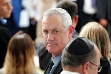 Benny Gantz, leader of Blue and White party, looks on as he arrives to attend a memorial ceremony for late Israeli President Shimon Peres, at Mount Herzl in Jerusalem