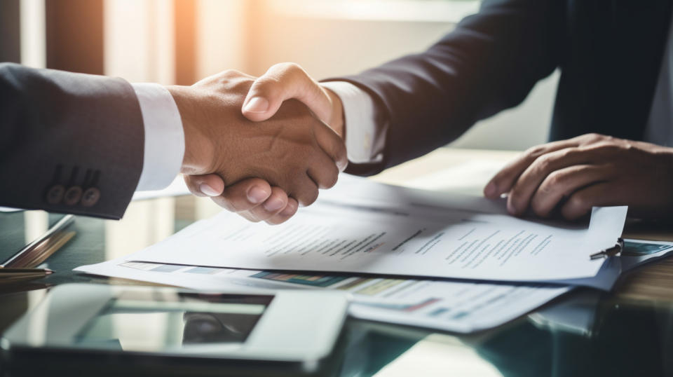 A close-up of hands exchanging money and documents, highlighting the ease of doing business with the company.