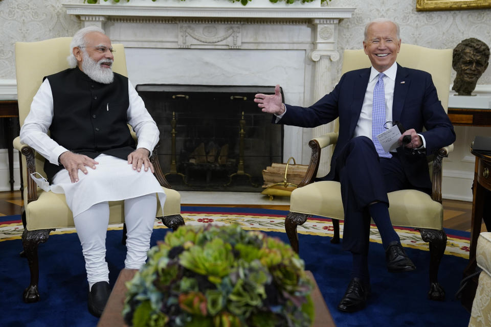 President Joe Biden meets with Indian Prime Minister Narendra Modi in the Oval Office of the White House, Friday, Sept. 24, 2021, in Washington. (AP Photo/Evan Vucci)