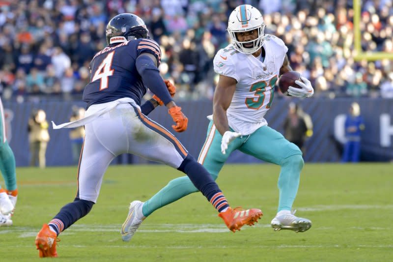 Miami Dolphins running back Raheem Mostert (R), one of the fastest players in the NFL, could help fast-track your fantasy football campaign. File Photo by Mark Black/UPI