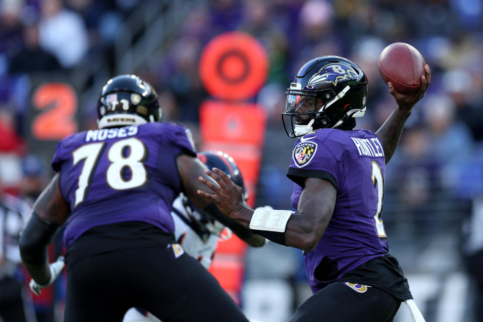 BALTIMORE, MARYLAND - DECEMBER 04: Quarterback Tyler Huntley #2 of the Baltimore Ravens throws a second half pass against the Denver Broncos at M&T Bank Stadium on December 04, 2022 in Baltimore, Maryland. (Photo by Rob Carr/Getty Images)