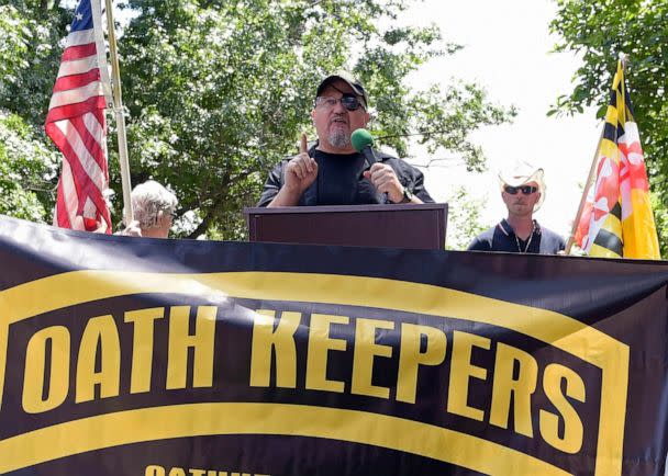 PHOTO: Stewart Rhodes, founder of the Oath Keepers, speaks during a rally outside the White House in Washington, D.C., June 25, 2017. (Susan Walsh/AP, FILE)