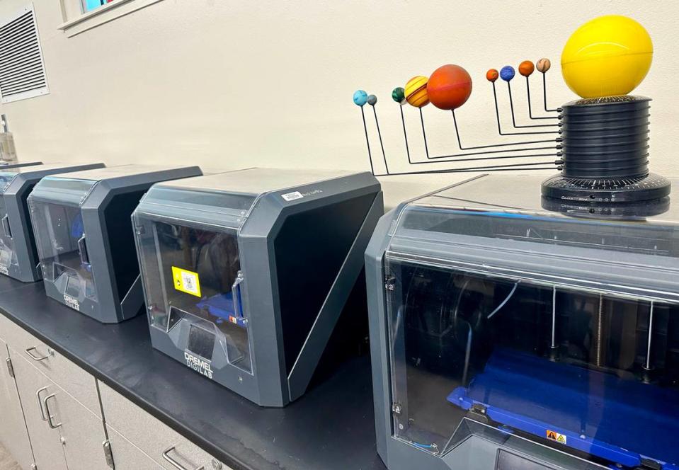 3D printers line up along a La Loma science classroom on Monday, July 31st. La Loma and Mark Twain Junior High Schools are renovating their science classrooms.