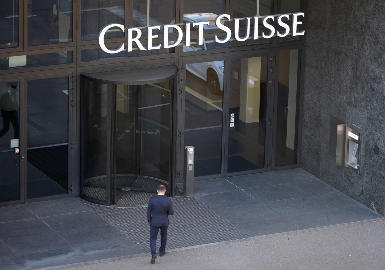 ZURICH, SWITZERLAND - MARCH 16: The logo of Swiss bank Credit Suisse is seen the day after its shares dropped approximately 30%, on March 16, 2023 at its Oerlikon office building in Zurich, Switzerland. Credit Suisse has reportedly asked the Swiss government for support following the refusal of a Saudi backer to provide any more money. The sharp drop in share price sent shares of other major European banks down. The disruption is coming on the heels of the failure of Silicon Valley Bank in the USA. (Photo by Arnd Wiegmann/Getty Images)