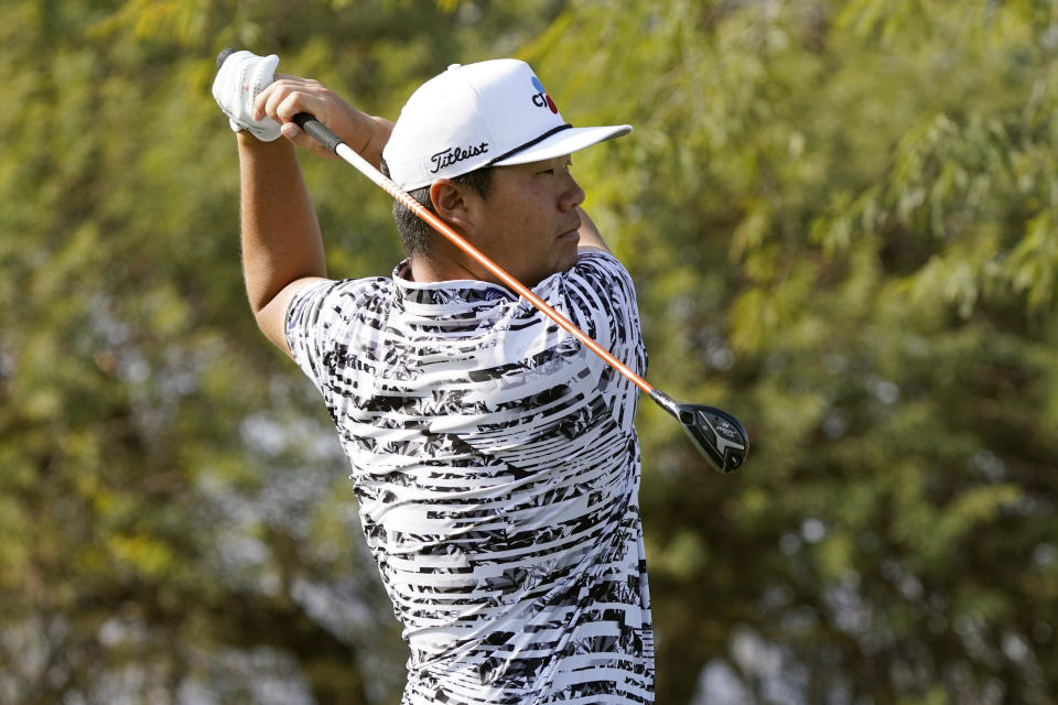 Sungjae Im hits from the sixth tee during the second round of The American Express golf tournament on the Pete Dye Stadium Course at PGA West on Friday, Jan. 22, 2021, in La Quinta, Calif. (AP Photo/Marcio Jose Sanchez)