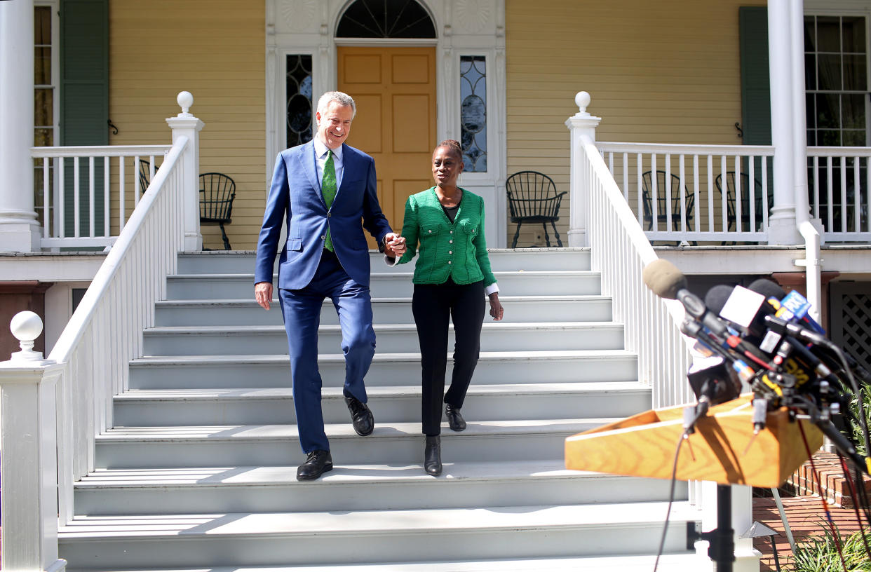 Bill de Blasio and Chirlane McCray arrive to a press conference in New York City on Sept. 20, 2019.