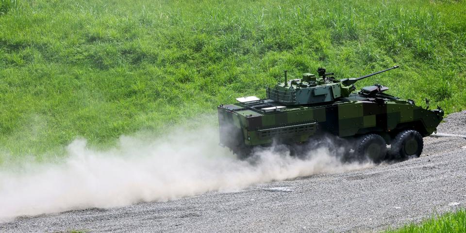 Taiwan military's latest armoured vehicle the CM-34 "Clouded Leopard" demonstrates driving on land with different incline and surface in Nantou