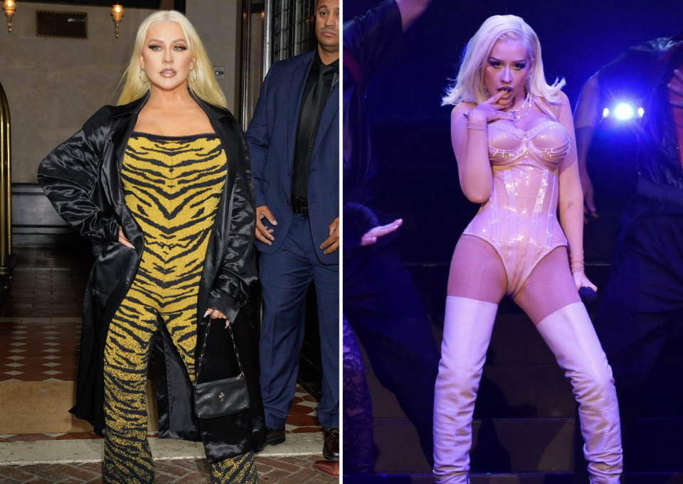 Christina Aguilera en junio y en diciembre del 2023. Gotham/GC Images; Denise Truscello/Getty Images for Voltaire    