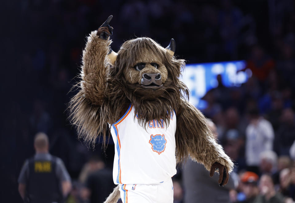 Nov 22, 2023; Oklahoma City, Oklahoma, USA; Oklahoma City Thunder mascot Rumble the Bison gestures during a time out against the Chicago Bulls during the second half at Paycom Center. Mandatory Credit: Alonzo Adams-USA TODAY Sports