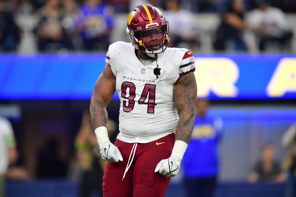 Washington Commanders defensive tackle <a class="link " href="https://sports.yahoo.com/nfl/players/30983" data-i13n="sec:content-canvas;subsec:anchor_text;elm:context_link" data-ylk="slk:Daron Payne;sec:content-canvas;subsec:anchor_text;elm:context_link;itc:0">Daron Payne</a> (94) reacts after sacking Los Angeles Rams quarterback Matthew Stafford (9). Mandatory Credit: Gary A. Vasquez-USA TODAY Sports