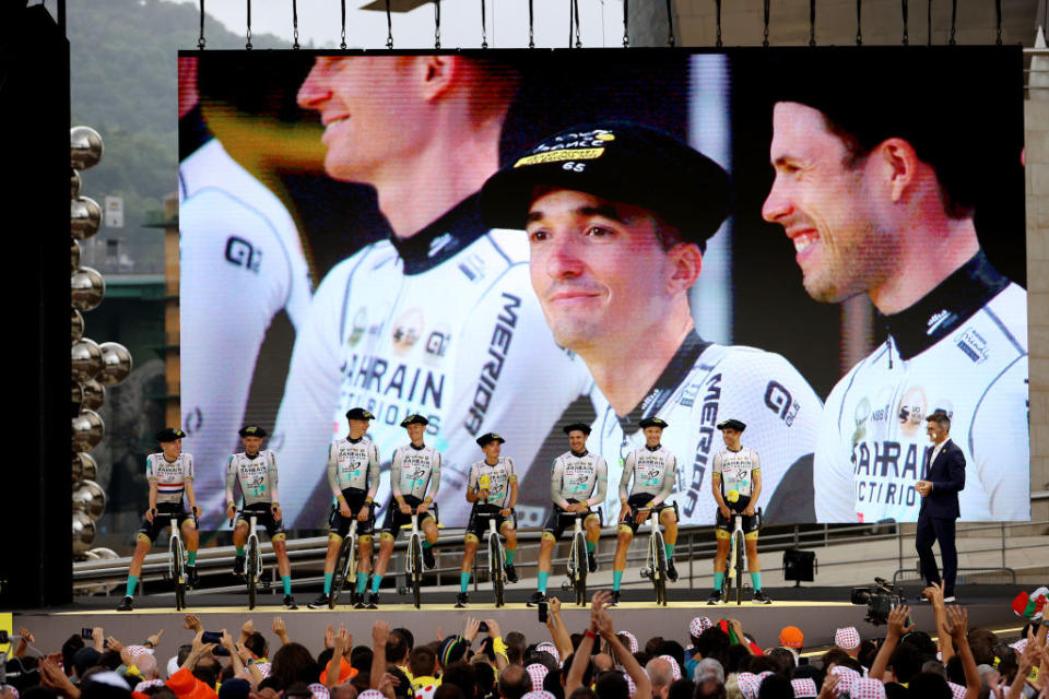 BILBAO SPAIN  JUNE 29 A general view of Nikias Arndt of Germany Phil Bauhaus of Germany Pello Bilbao of Spain Jack Haig of Australia Mikel Landa of Spain Matej Mohoric of Slovenia Wout Poels of The Netherlands Fred Wright of United Kingdom and Team Bahrain Victorious during the team presentation of the 110th Tour de France 2023 at the Guggenheim Museum Bilbao  UCIWT  on June 29 2023 in Bilbao Spain Photo by Michael SteeleGetty Images