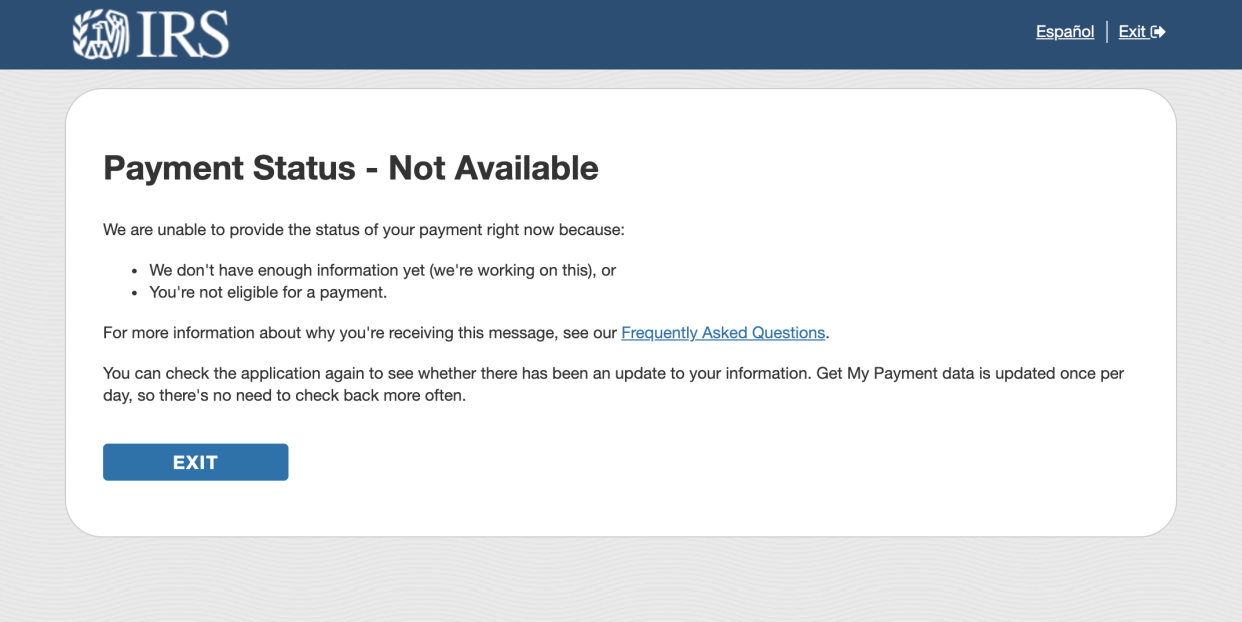 The ‘Get My Payment App’ tool shows a “Payment Status Not Available” response. Photo: Yahoo Finance