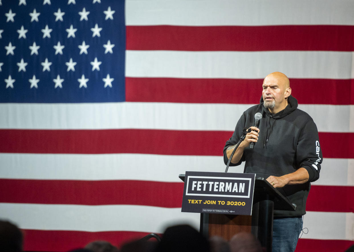 Democratic Senate candidate Lt. Gov. John Fetterman (D-PA) speaks during a rally at the Bayfront Convention Center on August 12, 2022 in Erie, Pennsylvania. (Nate Smallwood/Getty Images)