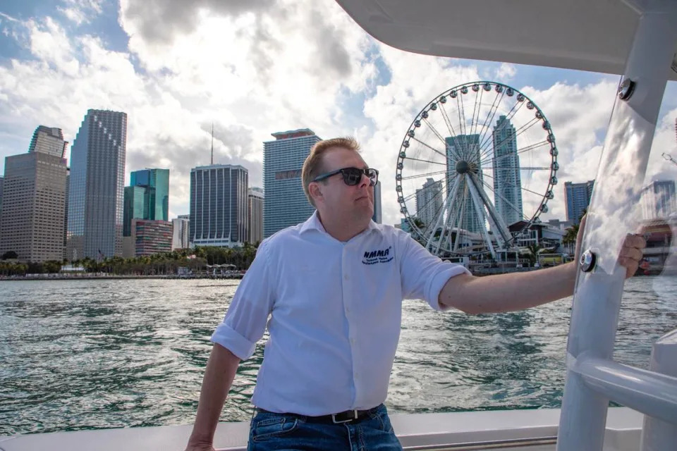 Jeff Wasil, director of environment at the National Marine Manufacturers Association (NMMA), takes a ride on a boat fueled with renewable diesel.