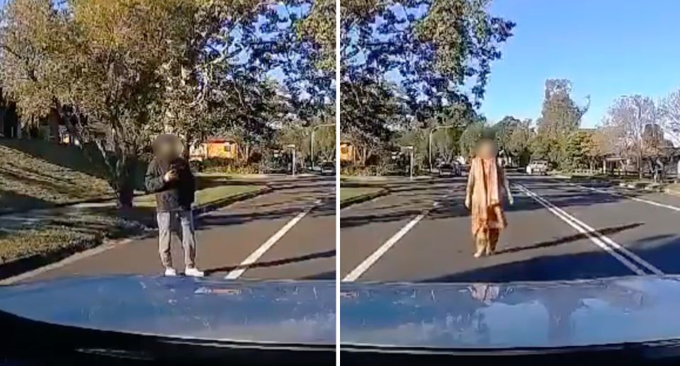 A woman (right) approached his moving vehicle in Quakers Hill last week before a man (left) recorded her on the ground in front of the car. 