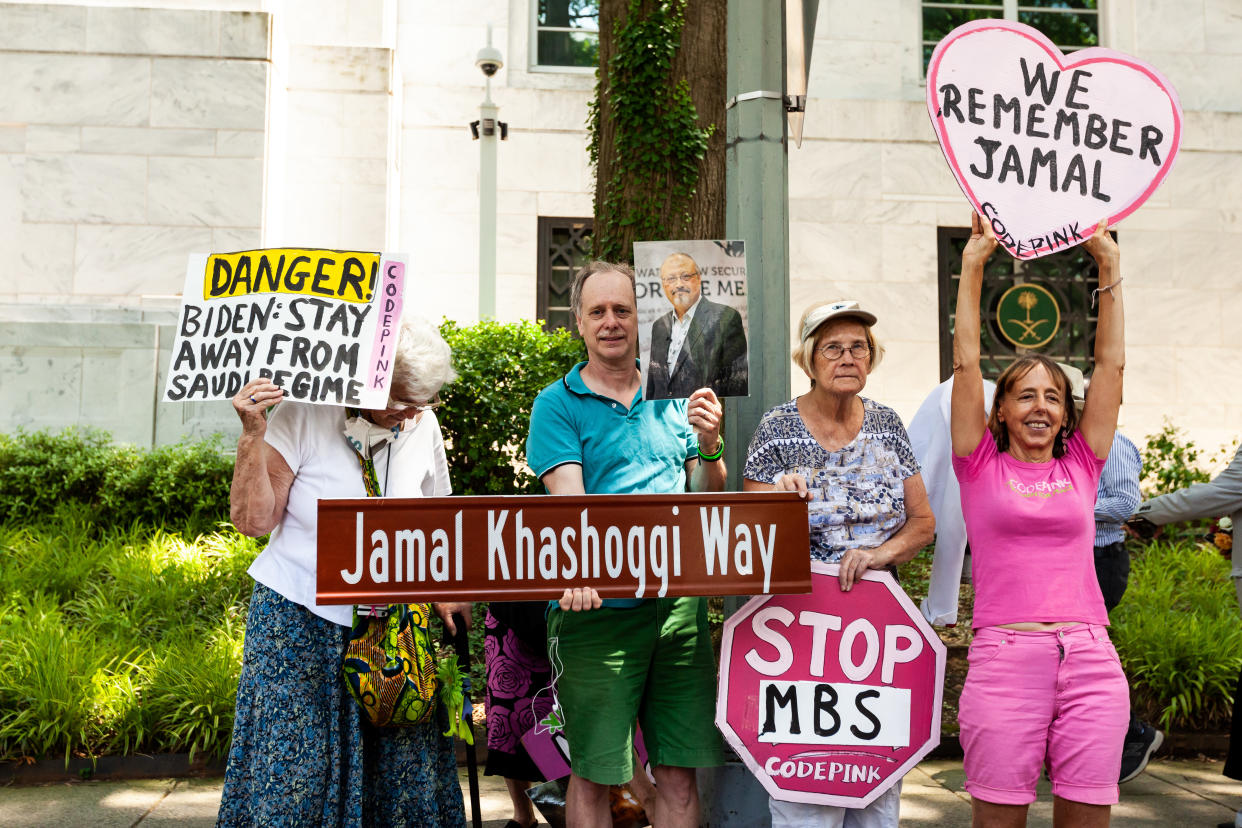 Members of grassroots organization Code Pink at the unveiling of Jamal Khashoggi Way.  