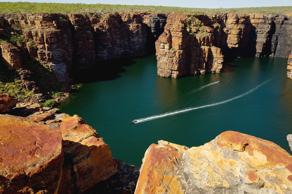 Zodiac boat sailing through King George River in Kimberley, Australia