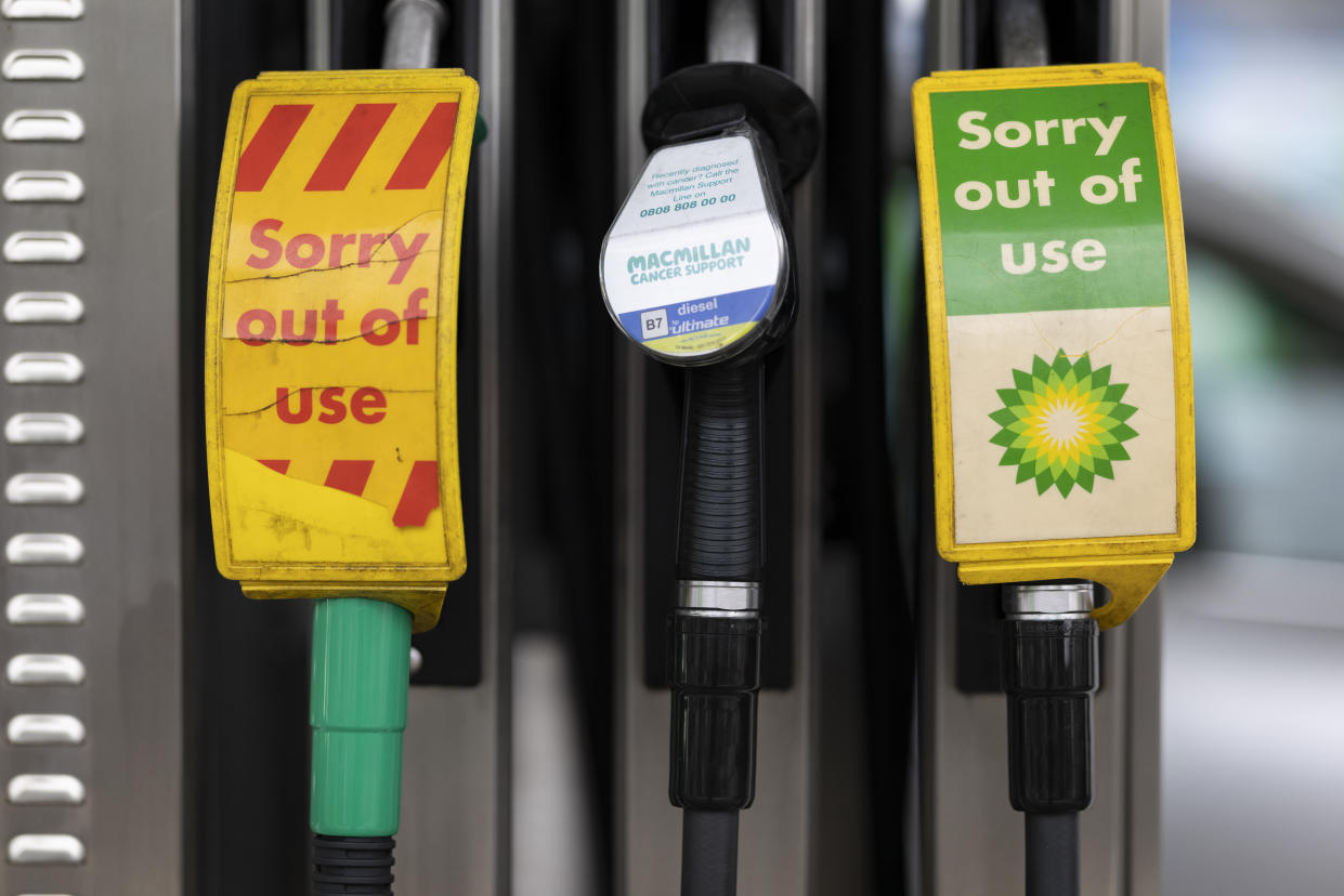 LONDON, ENGLAND - SEPTEMBER 23: Pumps, out of action, at a BP (British Petroleum) petrol station on September 23, 2021 in London, United Kingdom. BP has announced that its ability to transport fuel from refineries to its branded petrol station forecourts is being impacted by the ongoing shortage of HGV drivers and as a result, it will be rationing deliveries to ensure continuity of supply. (Photo by Dan Kitwood/Getty Images)