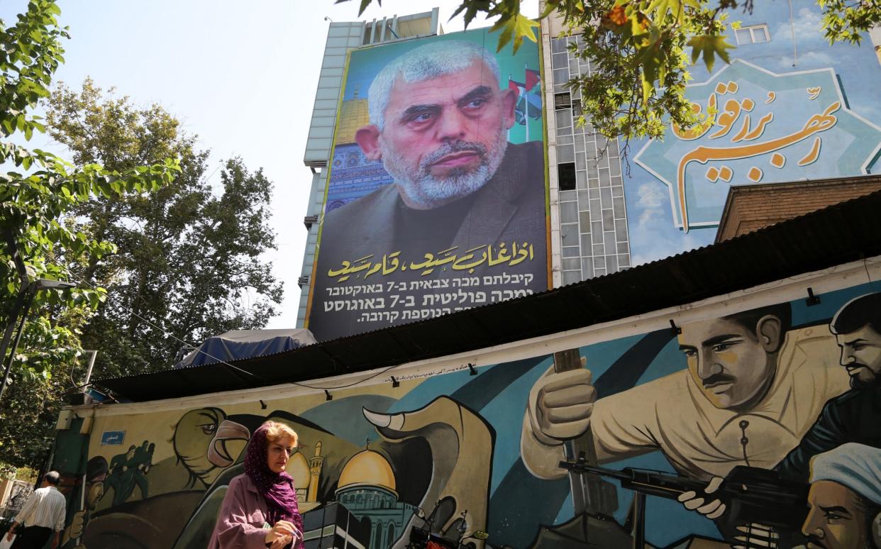 A view of a poster in Iranian capital Tehran, featuring Hamas' new political chief Yahya Sinwar on August 13, 2024.