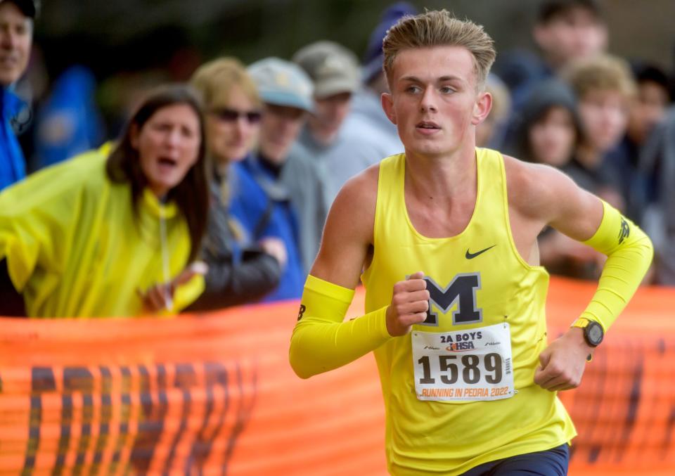 Marion's Dylon Nalley runs to victory in the Class 2A boys state cross-country meet Saturday, Nov. 5, 2022 at Detweiller Park in Peoria.