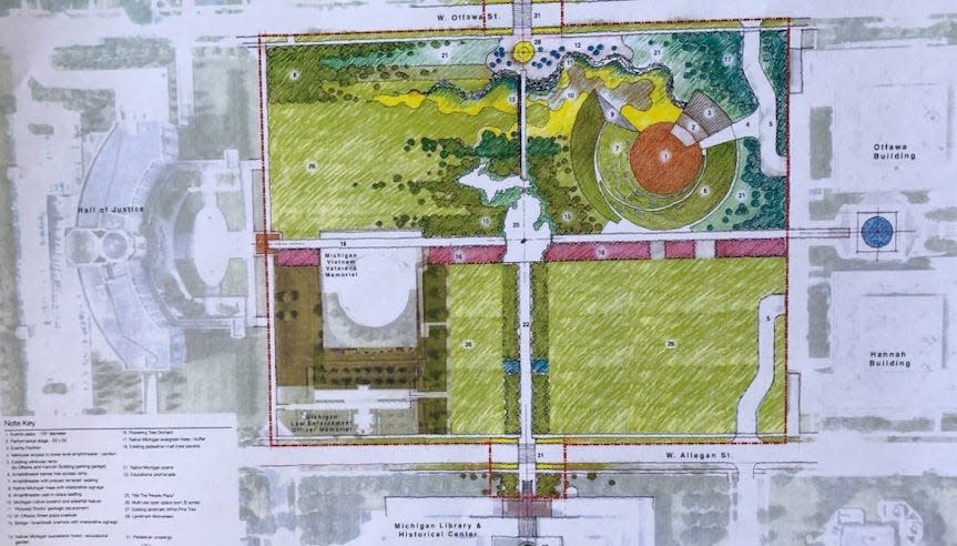 A concept drawing that shows amenities the "Park Michigan" plan might include shows the Michigan Hall of Justice at the left and existing office buildings to the right. The park in the center would include a pair of existing memorials for Vietnam veterans and law enforcement officers, as well as green space, performance areas and other items.