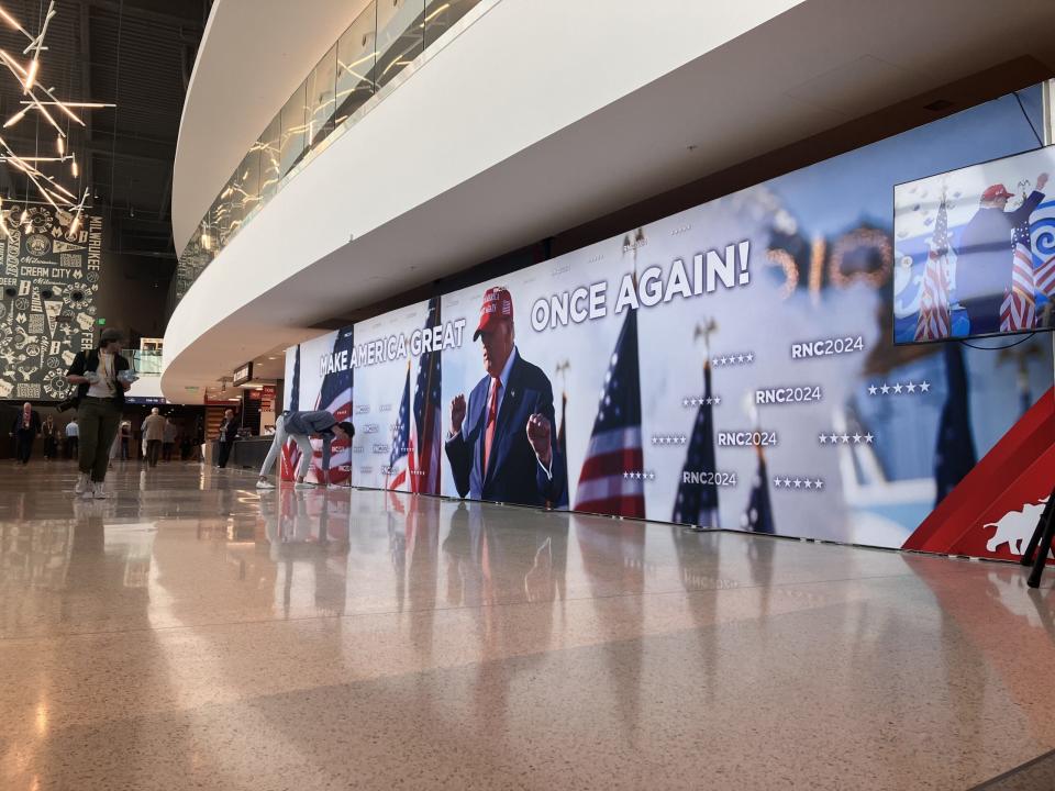 People walk through the concourse at the Fiserv Forum during the second night of the Republican National Convention on Tuesday, July 16.