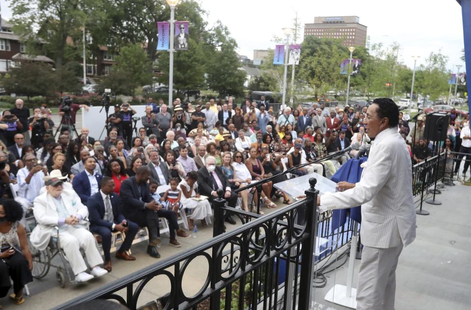 Smokey Robinson speaks to the crowd at a ceremony unveiling new expansion at the Motown Museum in Detroit on Monday, Aug. 8, 2022.