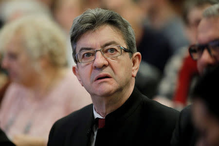 FILE PHOTO: Jean-Luc Melenchon of the French far left Parti de Gauche and candidate for the 2017 French presidential election, attends a meeting to present his proposals on foreign and defence policy in Paris, France, March 31, 2017. REUTERS/Benoit Tessier