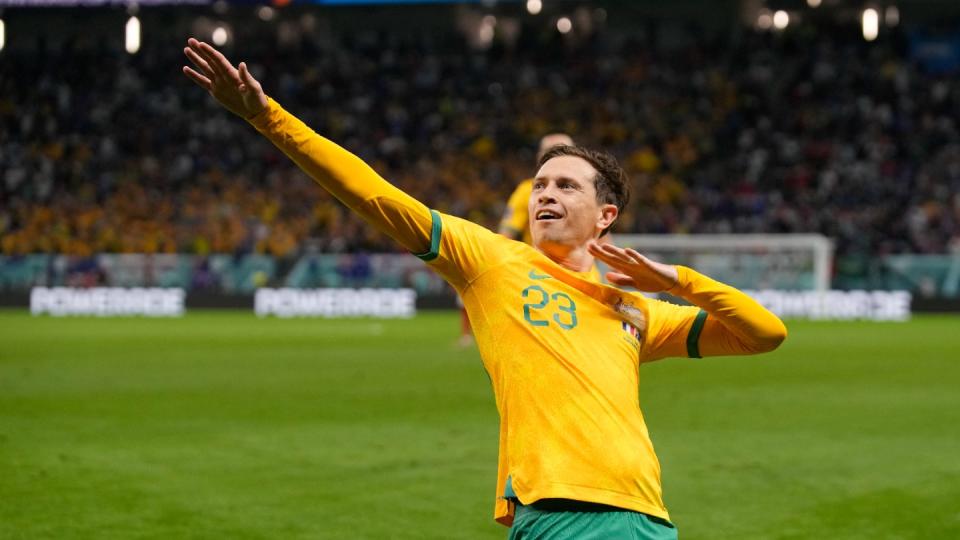 Australia's Craig Goodwin celebrates after scoring a goal during the World Cup group D football match between France and Australia, at the Al Janoub Stadium in Al Wakrah, Qatar, Tuesday, Nov. 22, 2022. (AP Photo/Thanassis Stavrakis)