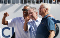 <p>(L-R) Former U.S. President Barack Obama, Former U.S. President George W. Bush and former U.S. President Bill Clinton attend the trophy presentation prior to Thursday foursome matches of the Presidents Cup at Liberty National Golf Club on September 28, 2017 in Jersey City, New Jersey. (Photo by Rob Carr/Getty Images) </p>