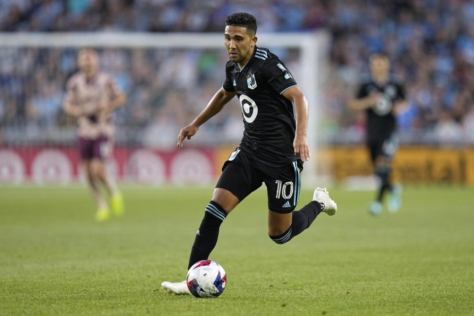 Minnesota United midfielder Emanuel Reynoso controls the ball during the second half of the team's MLS soccer match against the Portland Timbers, Saturday, July 1, 2023, in St. Paul, Minn. (AP Photo/Abbie Parr)