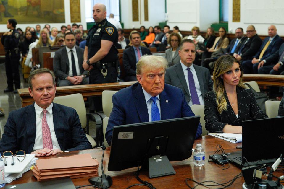 Flanked by his attorneys Chris Kise, left, and Alina Habba, former President Donald Trump waits to take the witness stand at New York Supreme Court on Nov. 6, 2023, in New York.