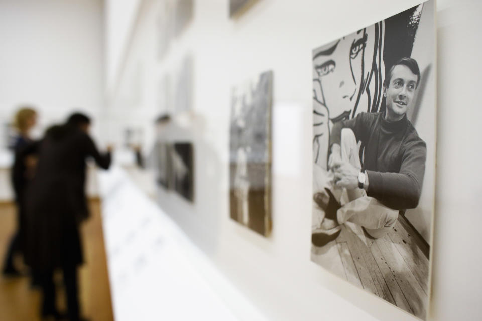 A photograph of artist Roy Lichtenstein taken by late actor, director and photographer Dennis Hopper is displayed at the exhibition 'Dennis Hopper - The Lost Album' at the Martin-Gropius-Bau museum in Berlin, Wednesday, Sept. 19, 2012. The exhibition shows a collection of 400 prints edited by Hopper, for the first time in Europe, and will be displayed from Sept. 20, 2012 until Dec. 17. 2012. (AP Photo/Markus Schreiber)