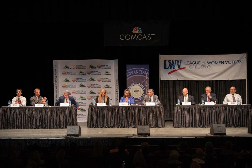 Candidates for the Pueblo Mayor participate in the 2023 Greater Pueblo Chamber of Commerce candidate debates at Memorial Hall on Thursday, October 5, 2023