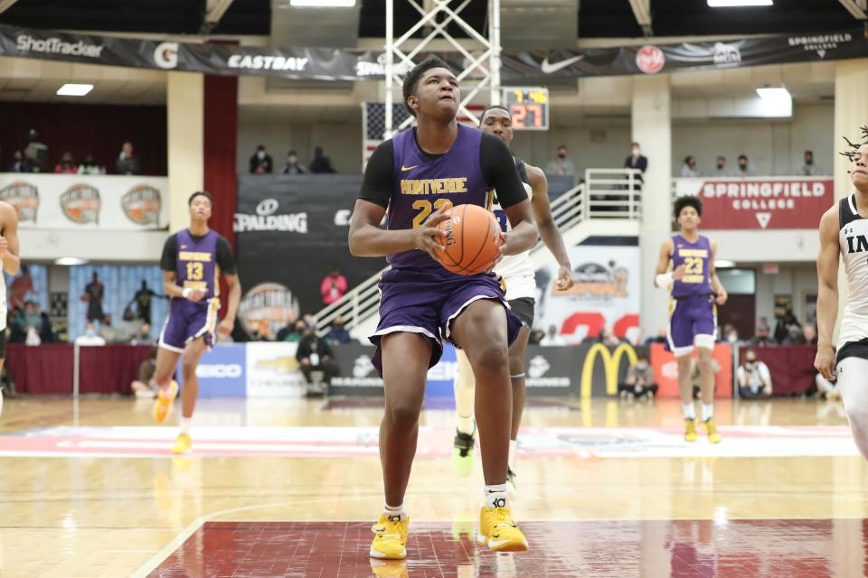 Monteverde's Derik Queen #22 in action against IMG Academy during a high school basketball game at the Hoophall Classic, Monday, January 17, 2022, in Springfield, MA. (AP Photo/Gregory Payan)