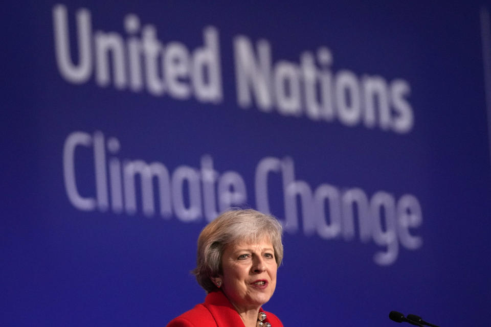 FILE - Former British Prime Minister Theresa May speaks at the COP26 U.N. Climate Summit in Glasgow, Scotland, Saturday, Nov. 6, 2021. Former British Prime Minister Theresa May announced Friday, March 8, 2024, that she will quit as a lawmaker when an election is called this year, ending a 27-year parliamentary career that included three years as the nation’s leader during a period roiled by Brexit. (AP Photo/Alastair Grant, File)