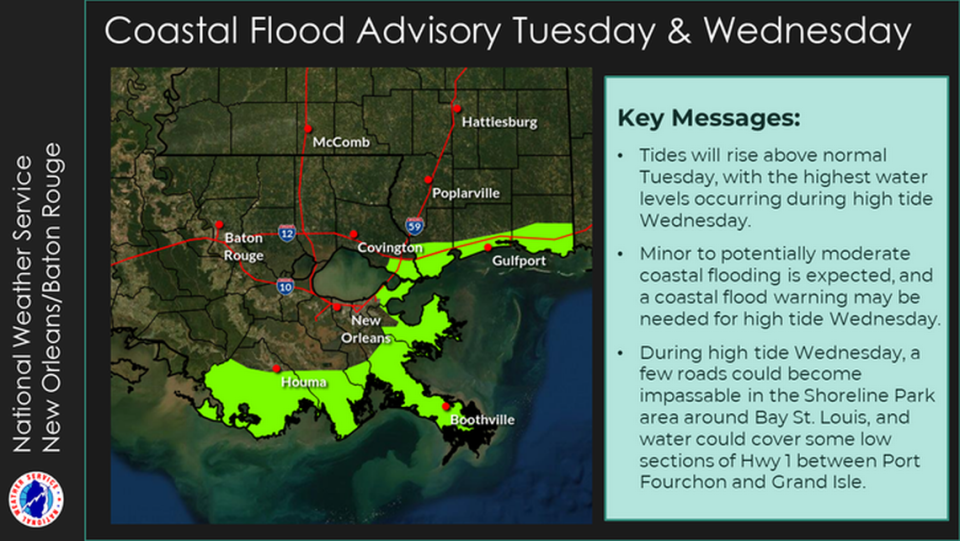 The National Weather Service issued a coastal flood advisory Tuesday and Wednesday.