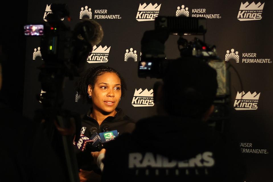 Stockton Kings Head Coach Lindsey Harding addresses the media during the Stockton Kings annual Media day at their practice facility in Sacramento, CA.