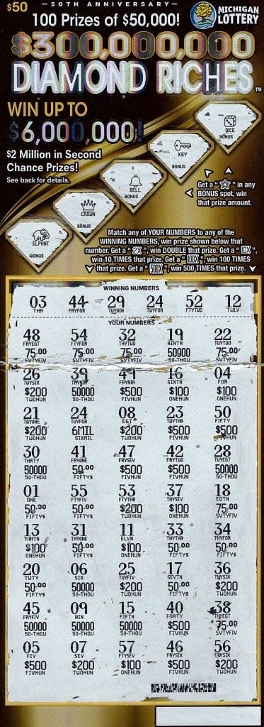 A Genesee County woman won a $6 million top prize playing the Michigan Lottery’s $300,000,000 Diamond Riches instant game.