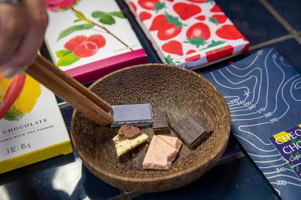 A variety of chocolates await tasting inside Cali Rosina Tea and Chocolate in La Quinta, Calif., on June 13, 2022. The shop, owned by siblings Josh and Jodie Smith, is expanding to include a tasting room for the extensive selection of teas and chocolates. 