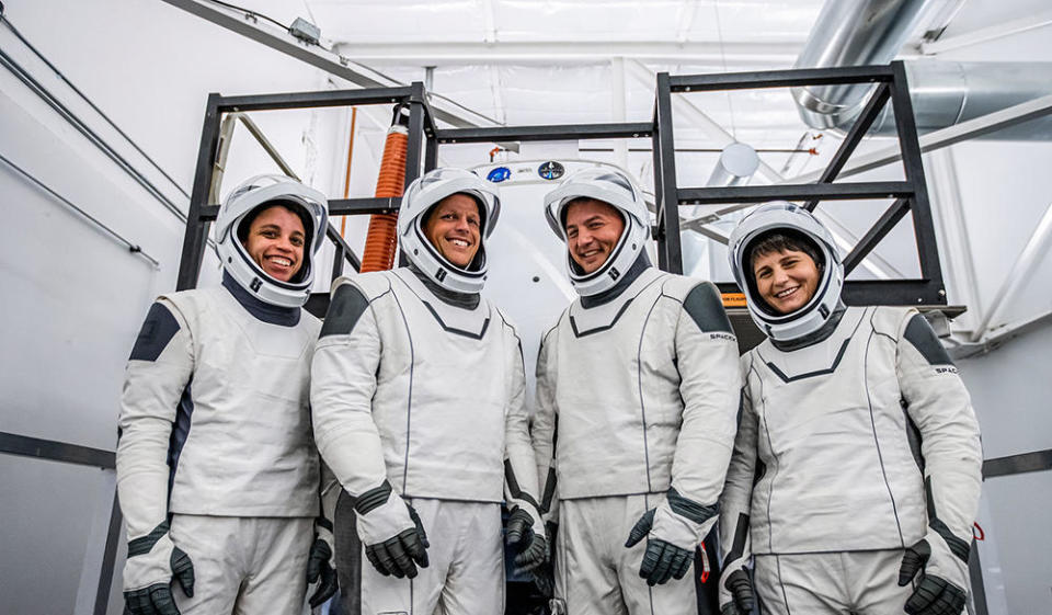 The Crew-4 astronauts during training (left to right): Jessica Watkins, Robert Hines, commander Kjell Lindgren and European Space Agency astronaut Samantha Cristoforetti. / Credit: SpaceX