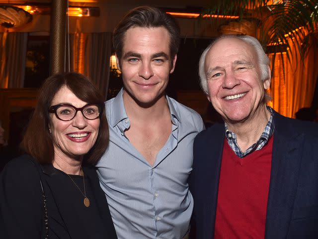 <p>Alberto E. Rodriguez/Getty</p> Gwynne Gilford, Chris Pine, and Robert Pine attend an after party for the premiere of TNT's "I Am The Night" in 2019