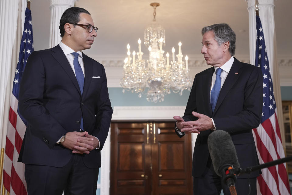 Secretary of State Antony Blinken, right, meets with Cyprus' Foreign Minister Constantinos Kombos, Monday, June 17, 2024, at the State Department in Washington. (AP Photo/Jacquelyn Martin)