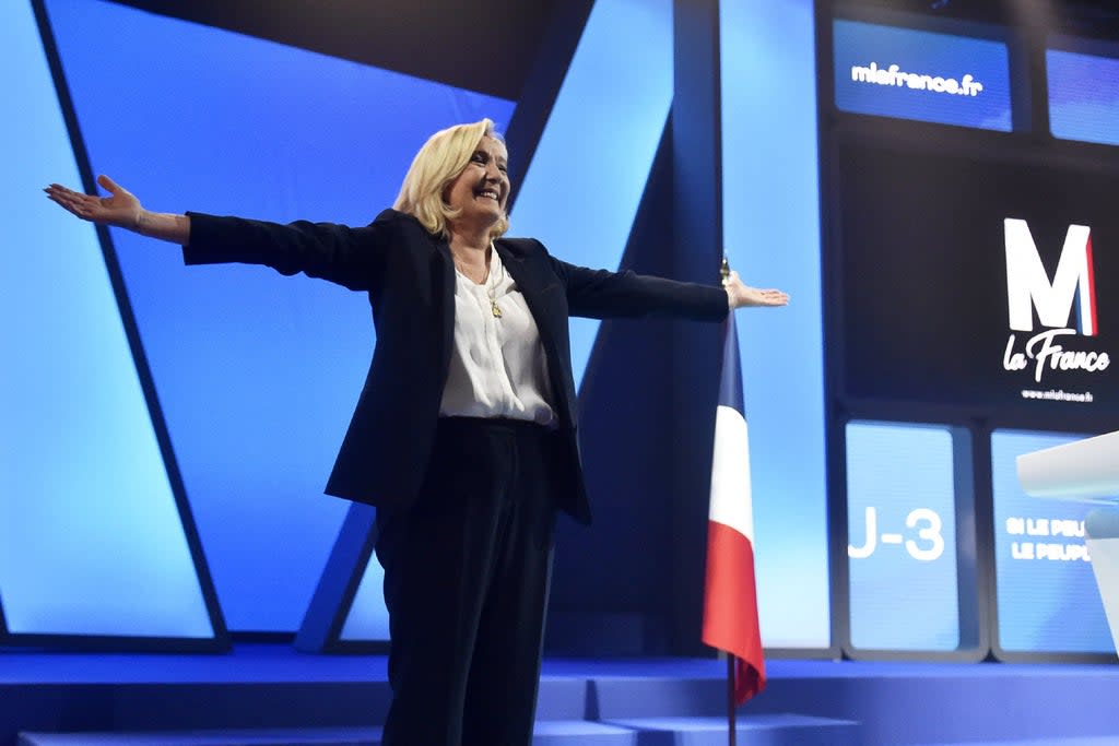 Marine Le Pen at a campaign rally in Perpignan, southern France, 7 April 2022 (AFP via Getty)