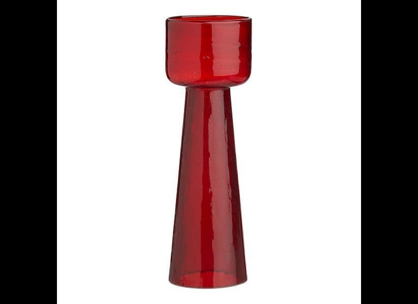 Made of glass, <a href="http://www.crateandbarrel.com/outlet/home-accessories/diaz-large-candleholder/s226312?rv=Outlet%3aHolidays%3aLinden+Ruby+Tablecloth+60x60+SKU+637427+Product+Page" target="_hplink">this candleholder</a> has a red shade that looks just like ruby. We would place multiple pairs on a dining table for a burst of color.  