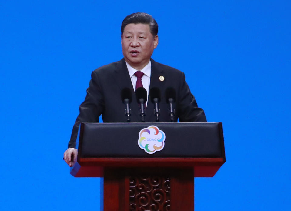 Chinese President Xi Jinping delivers his speech during the opening ceremony of the Conference on Dialogue of Asian Civilizations in Beijing, China, Wednesday, May 15, 2019.(How Hwee Young/Pool Photo via AP)