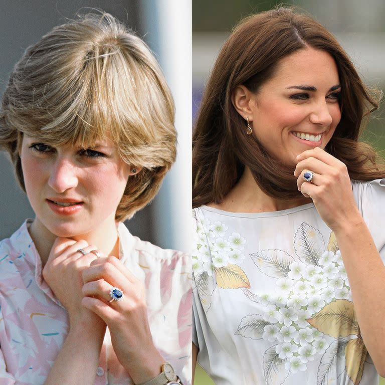 <p>Perhaps the most famous piece of jewelry Kate inherited from Princess Diana is <a href="https://www.townandcountrymag.com/style/jewelry-and-watches/a13052347/kate-middleton-engagement-ring/" rel="nofollow noopener" target="_blank" data-ylk="slk:this sapphire engagement ring.;elm:context_link;itc:0;sec:content-canvas" class="link ">this sapphire engagement ring.</a> The ring was created by British jeweler Garrard and chosen by Prince Charles for his proposal to Diana in 1981. In 2010, Prince William presented the ring, which features a 12-carat oval Ceylon surrounded by 14 solitaire diamond, to Kate for their engagement. </p>