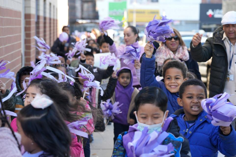 Students do a Ruby Bridges Walk around their school, PS #21, in Passaic, NJ on Tuesday Nov. 14, 2023. Ruby Bridges was six years old and was the first African American child to attend a formerly whites-only William Frantz Elementary School in Louisiana during the New Orleans school desegregation crisis on November 14, 1960.